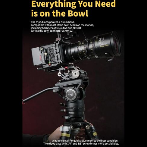 YC Onion PINETA Peak Carbon Fiber Tripod with Coconut 75mm Bowl Head+FH75S Fluid Head, 35kg/77lbs Payload with Bowl Head, Adjustable Legs, One Step Release Travel Camera Tripod for Mirrorless, DSLR in Kuwait