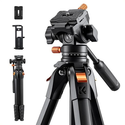K&F CONCEPT 63" Camera Tripod with Fluid Head | Aluminum Travel Tripod, Smooth Pan/Tilt for DSLR/Mirrorless/Camcorder, Max Load 6.6lb, A305A1+FH-04 in Kuwait