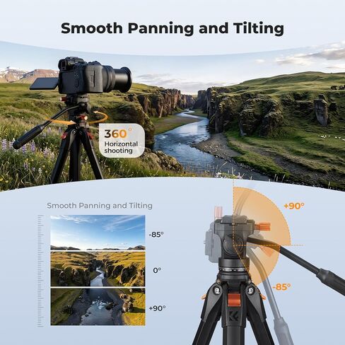 K&F CONCEPT 63" Camera Tripod with Fluid Head | Aluminum Travel Tripod, Smooth Pan/Tilt for DSLR/Mirrorless/Camcorder, Max Load 6.6lb, A305A1+FH-04 in Kuwait