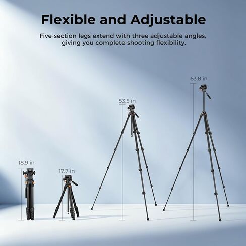 K&F CONCEPT 63" Camera Tripod with Fluid Head | Aluminum Travel Tripod, Smooth Pan/Tilt for DSLR/Mirrorless/Camcorder, Max Load 6.6lb, A305A1+FH-04 in Kuwait