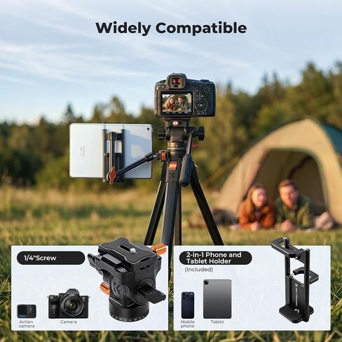 K&F CONCEPT 63" Camera Tripod with Fluid Head | Aluminum Travel Tripod, Smooth Pan/Tilt for DSLR/Mirrorless/Camcorder, Max Load 6.6lb, A305A1+FH-04 in Kuwait