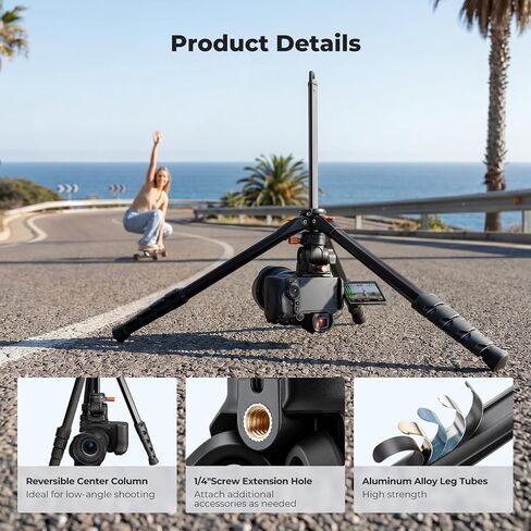 K&F CONCEPT 63" Camera Tripod with Fluid Head | Aluminum Travel Tripod, Smooth Pan/Tilt for DSLR/Mirrorless/Camcorder, Max Load 6.6lb, A305A1+FH-04 in Kuwait