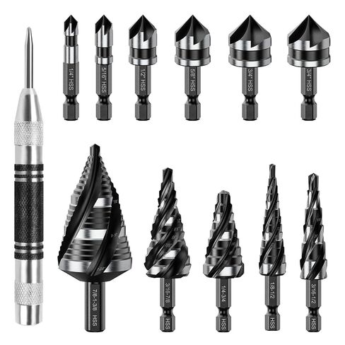 MABLEVI 5 Pcs Four Spiral Flute Step Drill Bit Set, 1/8"-1-3/8" HSS Unibit Step Drill Bit, 1/4" and 3/8" Shank Step Bit for Metal, Stainless Steel, Aluminum, Wood, Plastic in Kuwait