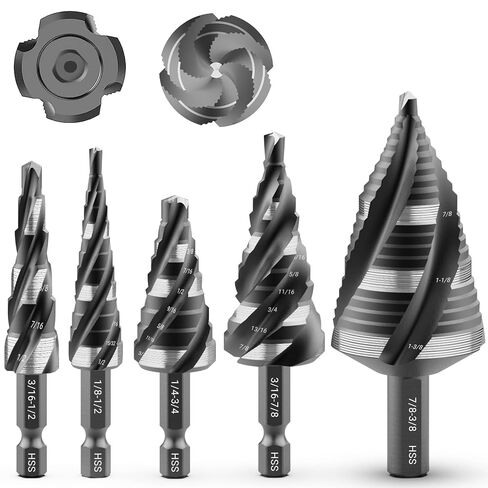 MABLEVI 5 Pcs Four Spiral Flute Step Drill Bit Set, 1/8"-1-3/8" HSS Unibit Step Drill Bit, 1/4" and 3/8" Shank Step Bit for Metal, Stainless Steel, Aluminum, Wood, Plastic in Kuwait