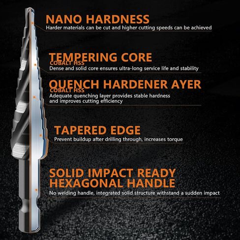 MABLEVI 5 Pcs Four Spiral Flute Step Drill Bit Set, 1/8"-1-3/8" HSS Unibit Step Drill Bit, 1/4" and 3/8" Shank Step Bit for Metal, Stainless Steel, Aluminum, Wood, Plastic in Kuwait