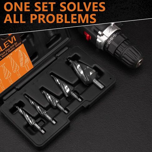MABLEVI 5 Pcs Four Spiral Flute Step Drill Bit Set, 1/8"-1-3/8" HSS Unibit Step Drill Bit, 1/4" and 3/8" Shank Step Bit for Metal, Stainless Steel, Aluminum, Wood, Plastic in Kuwait