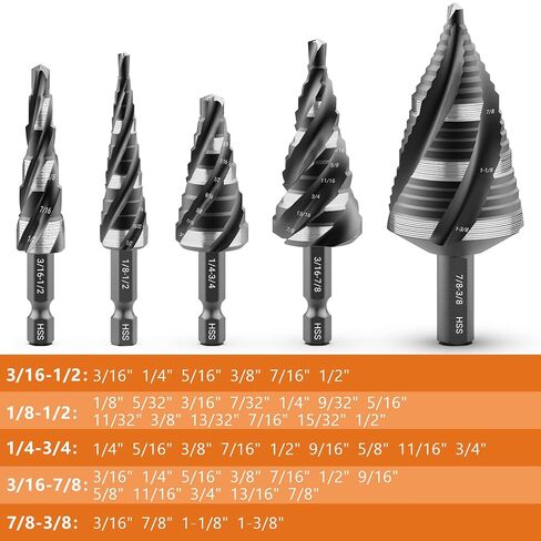 MABLEVI 5 Pcs Four Spiral Flute Step Drill Bit Set, 1/8"-1-3/8" HSS Unibit Step Drill Bit, 1/4" and 3/8" Shank Step Bit for Metal, Stainless Steel, Aluminum, Wood, Plastic in Kuwait