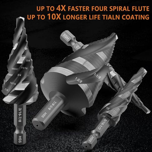 MABLEVI 5 Pcs Four Spiral Flute Step Drill Bit Set, 1/8"-1-3/8" HSS Unibit Step Drill Bit, 1/4" and 3/8" Shank Step Bit for Metal, Stainless Steel, Aluminum, Wood, Plastic in Kuwait
