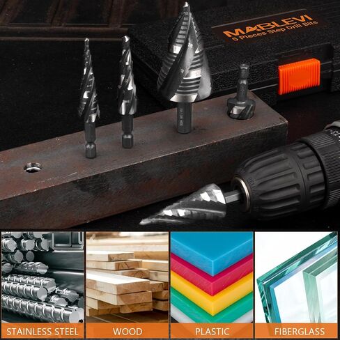 MABLEVI 5 Pcs Four Spiral Flute Step Drill Bit Set, 1/8"-1-3/8" HSS Unibit Step Drill Bit, 1/4" and 3/8" Shank Step Bit for Metal, Stainless Steel, Aluminum, Wood, Plastic in Kuwait