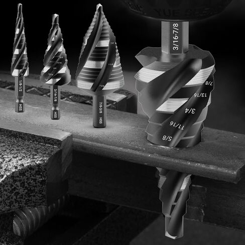 MABLEVI 5 Pcs Four Spiral Flute Step Drill Bit Set, 1/8"-1-3/8" HSS Unibit Step Drill Bit, 1/4" and 3/8" Shank Step Bit for Metal, Stainless Steel, Aluminum, Wood, Plastic in Kuwait