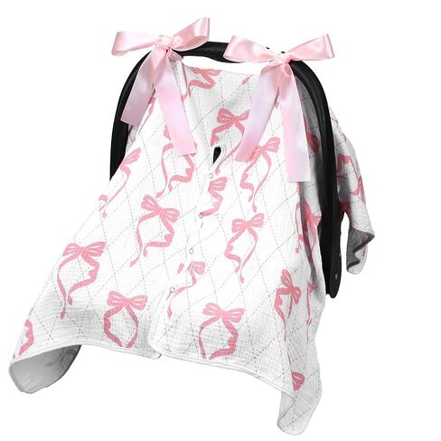 Tegeme Pink Bow Muslin Baby Car Seat Cover 2-in-1 Breathable Multi-use Nursing Infant Car Seat Cover Windproof Canopy for Breastfeeding Strollers Carriers in Kuwait