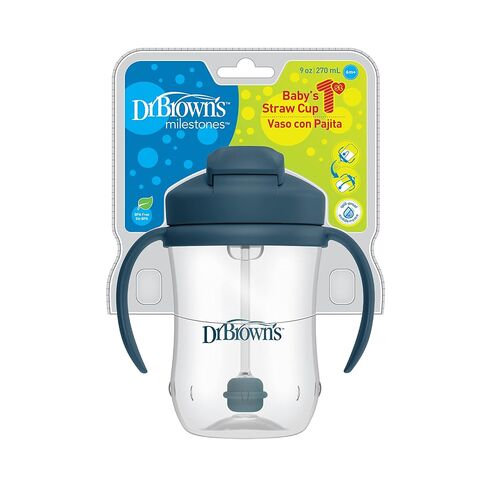 Dr. Brown's Milestones Baby's First Straw Cup, Training Cup with Weighted Straw, 9 oz/270 mL, BPA-free, 6m+, Dark Blue/Olive Green, 2-Pack in Kuwait