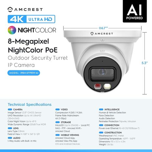 Amcrest Refurbished 4K (8MP) IP PoE AI Camera, 49ft Nightcolor, Security Outdoor Turret Camera, Human Detection, Active Deterrent, 4K@15fps REP-IP8M-2779EW-AI (White) (Renewed) in Kuwait