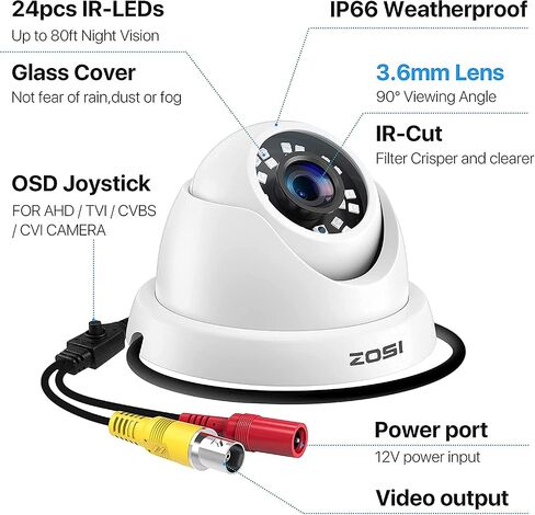 ZOSI 1080P 1920TVL Hybrid 4-in-1 TVI CVI AHD CVBS Security Surveillance CCTV 2.0MP HD Dome Camera Outdoor Indoor Weatherproof 65ft IR Day Night Vision (Renewed) in Kuwait