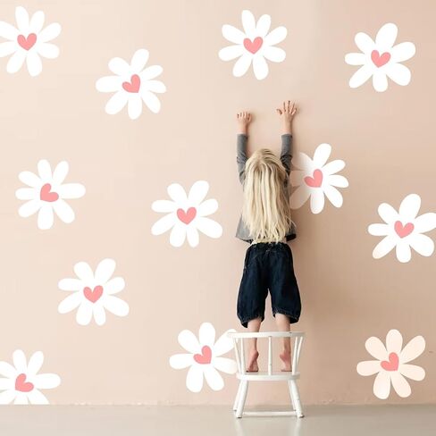 12 Sheets Daisy Wall Stickers Peel and Stick Pink Heart Decals for Room Decor Large Boho White Flower Wallpaper Decal for Kids Girls Nursery Furniture Dresser Bedroom Playroom Living Room Walls Window in Kuwait