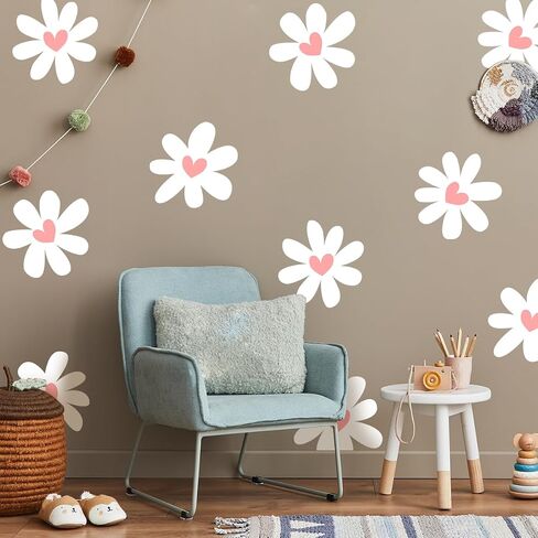12 Sheets Daisy Wall Stickers Peel and Stick Pink Heart Decals for Room Decor Large Boho White Flower Wallpaper Decal for Kids Girls Nursery Furniture Dresser Bedroom Playroom Living Room Walls Window in Kuwait