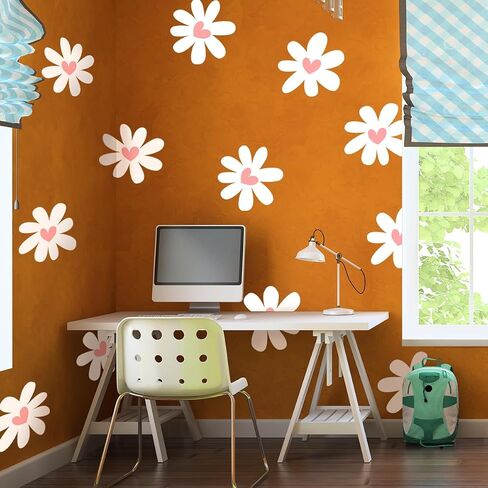 12 Sheets Daisy Wall Stickers Peel and Stick Pink Heart Decals for Room Decor Large Boho White Flower Wallpaper Decal for Kids Girls Nursery Furniture Dresser Bedroom Playroom Living Room Walls Window in Kuwait
