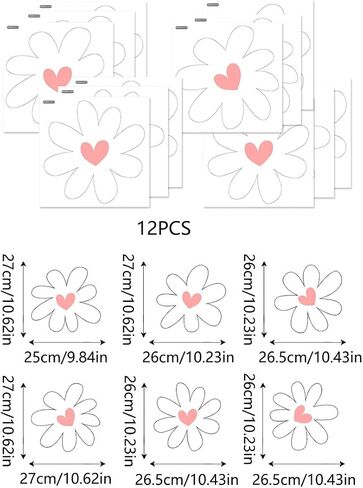 12 Sheets Daisy Wall Stickers Peel and Stick Pink Heart Decals for Room Decor Large Boho White Flower Wallpaper Decal for Kids Girls Nursery Furniture Dresser Bedroom Playroom Living Room Walls Window in Kuwait