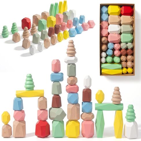 WOODENFUN Wooden Stacking Rocks Stones Building Blocks Sensory Toddler Toys | 36Pcs Montessori Toy Preschool Learning Activities Balancing Stacking Game, Birthday Gifts for Kids 3-5 Year Old in Kuwait