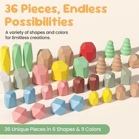 WOODENFUN Wooden Stacking Rocks Stones Building Blocks Sensory Toddler Toys | 36Pcs Montessori Toy Preschool Learning Activities Balancing Stacking Game, Birthday Gifts for Kids 3-5 Year Old in Kuwait