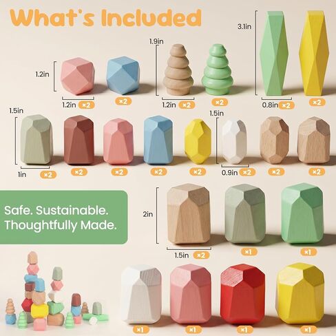 WOODENFUN Wooden Stacking Rocks Stones Building Blocks Sensory Toddler Toys | 36Pcs Montessori Toy Preschool Learning Activities Balancing Stacking Game, Birthday Gifts for Kids 3-5 Year Old in Kuwait