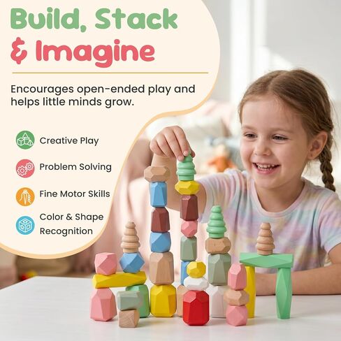 WOODENFUN Wooden Stacking Rocks Stones Building Blocks Sensory Toddler Toys | 36Pcs Montessori Toy Preschool Learning Activities Balancing Stacking Game, Birthday Gifts for Kids 3-5 Year Old in Kuwait
