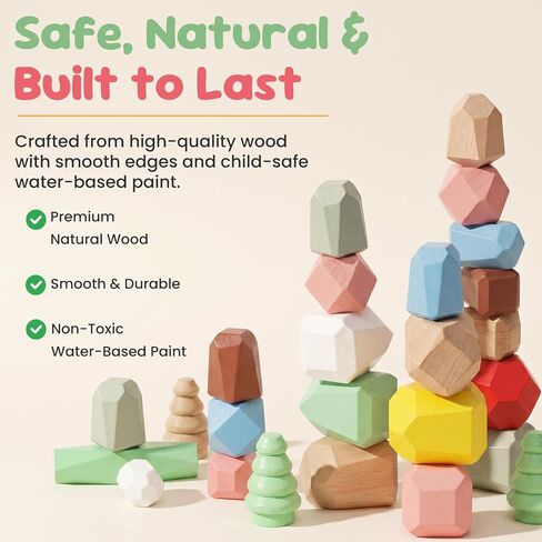 WOODENFUN Wooden Stacking Rocks Stones Building Blocks Sensory Toddler Toys | 36Pcs Montessori Toy Preschool Learning Activities Balancing Stacking Game, Birthday Gifts for Kids 3-5 Year Old in Kuwait