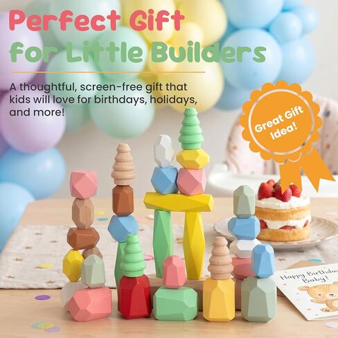 WOODENFUN Wooden Stacking Rocks Stones Building Blocks Sensory Toddler Toys | 36Pcs Montessori Toy Preschool Learning Activities Balancing Stacking Game, Birthday Gifts for Kids 3-5 Year Old in Kuwait