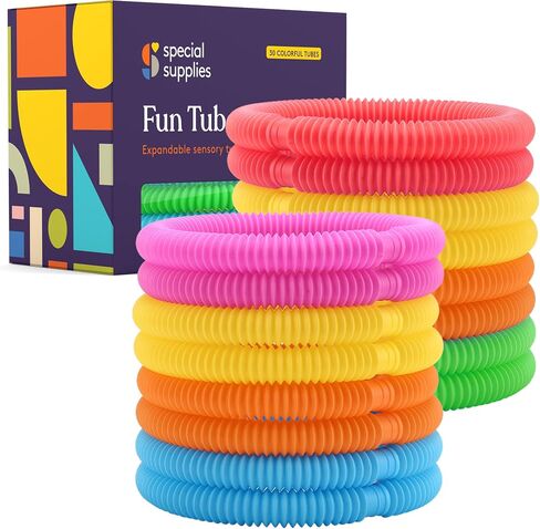 Special Supplies Fun Pull and Stretch Tubes for Kids - Pop, Bend, Build, and Connect Toy, Provide Tactile and Auditory Sensory Play, Colorful, Heavy-Duty Plastic (30-Pack Primary Colors) in Kuwait