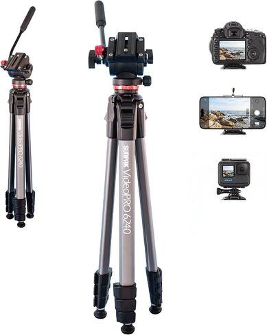 Sunpak VideoPRO 62" Aluminum Tripod with Gopro Adapters and Carry Bag | Removable pan-and-tilt handle, 17.6lb capacity, 62" height, 21.6" folded, 2.9lb, low-angle latches, phone/GoPro adapters, bag in Kuwait