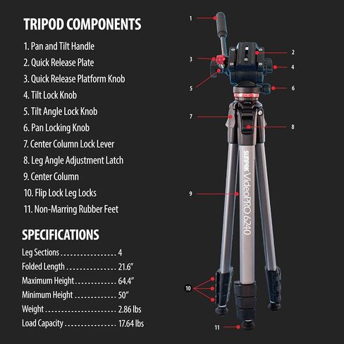 Sunpak VideoPRO 62" Aluminum Tripod with Gopro Adapters and Carry Bag | Removable pan-and-tilt handle, 17.6lb capacity, 62" height, 21.6" folded, 2.9lb, low-angle latches, phone/GoPro adapters, bag in Kuwait