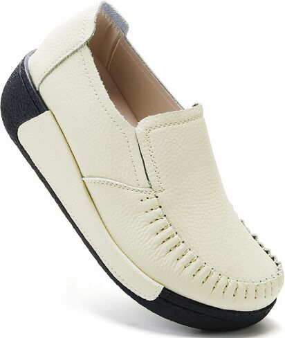Womens Penny Loafers Platform Slip On Shoes Ladies Genuine Leather Non-Slip Comfortable Round Toe Casual Chunky Wedge Dress Shoes Beige US 7 in Kuwait
