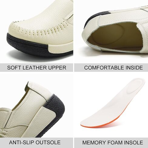 Womens Penny Loafers Platform Slip On Shoes Ladies Genuine Leather Non-Slip Comfortable Round Toe Casual Chunky Wedge Dress Shoes Beige US 7 in Kuwait