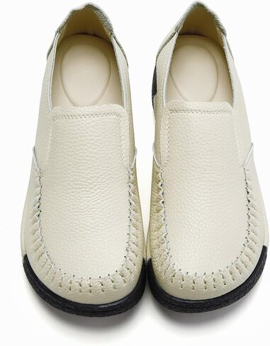 Womens Penny Loafers Platform Slip On Shoes Ladies Genuine Leather Non-Slip Comfortable Round Toe Casual Chunky Wedge Dress Shoes Beige US 7 in Kuwait