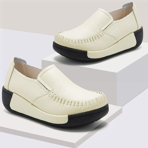 Womens Penny Loafers Platform Slip On Shoes Ladies Genuine Leather Non-Slip Comfortable Round Toe Casual Chunky Wedge Dress Shoes Beige US 7 in Kuwait