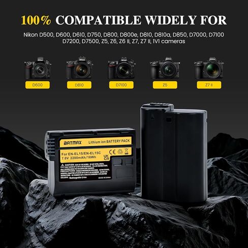 Batmax 2Pcs 2280mAh EN-EL15 EN-EL15B EN-EL15C Battery for Nikon Z5, Z6, Z6 II, Z7, Z7II D780, D850, D7500, 1 V1, D500, D600, D610, D750, D800, D800E, D810, D810A, D7000, D7100, D7200 Digital Cameras in Saudi Arabia