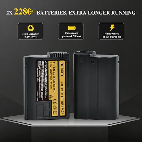 Batmax 2Pcs 2280mAh EN-EL15 EN-EL15B EN-EL15C Battery for Nikon Z5, Z6, Z6 II, Z7, Z7II D780, D850, D7500, 1 V1, D500, D600, D610, D750, D800, D800E, D810, D810A, D7000, D7100, D7200 Digital Cameras in Saudi Arabia