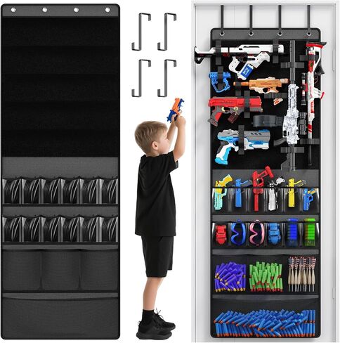 Mefirt Over the Door Organizer for Toy Guns, Toy Gun Storage Organizer with Pockets and Slots for Kids Foam Blasters, Darts, Goggles, Over Door Toy Storage Hanger for Kids Rooms, Game Rooms, Green in Kuwait