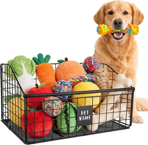 Penitue Indestructible Dog Toy Basket, 42.5x28x21.5cm/16.7x11x8.5in Metal Storage Bin for Chew Toys Bones and Treats Durable Toy Organizer Pet Toys Box for Living Room Area (Black) in Kuwait