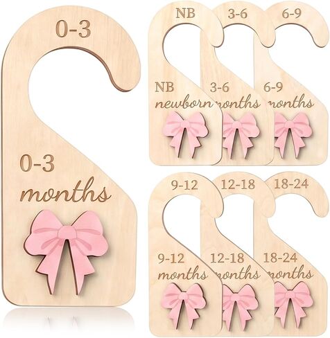 Wooden Baby Closet Dividers Set of 7, Double-Sided Coquette Baby Clothes Dividers for Closet Organizer Newborn to 24 Months Pink Bow Nursery Hanger Nursery Decor Newborn Clothes Size Organizer (7 PCS) in Kuwait
