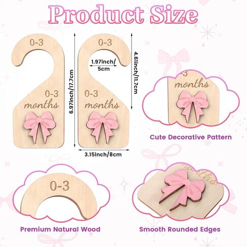 Wooden Baby Closet Dividers Set of 7, Double-Sided Coquette Baby Clothes Dividers for Closet Organizer Newborn to 24 Months Pink Bow Nursery Hanger Nursery Decor Newborn Clothes Size Organizer (7 PCS) in Kuwait