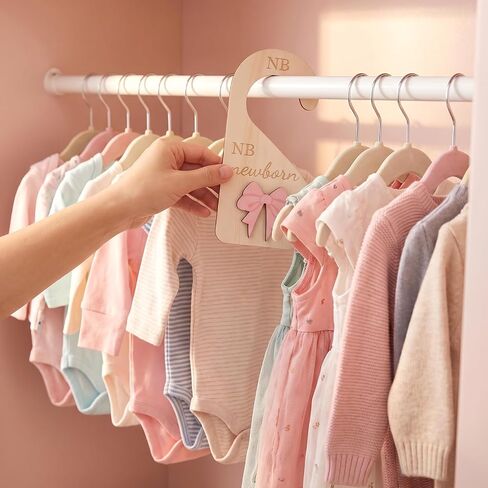 Wooden Baby Closet Dividers Set of 7, Double-Sided Coquette Baby Clothes Dividers for Closet Organizer Newborn to 24 Months Pink Bow Nursery Hanger Nursery Decor Newborn Clothes Size Organizer (7 PCS) in Kuwait