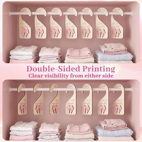 Wooden Baby Closet Dividers Set of 7, Double-Sided Coquette Baby Clothes Dividers for Closet Organizer Newborn to 24 Months Pink Bow Nursery Hanger Nursery Decor Newborn Clothes Size Organizer (7 PCS) in Kuwait