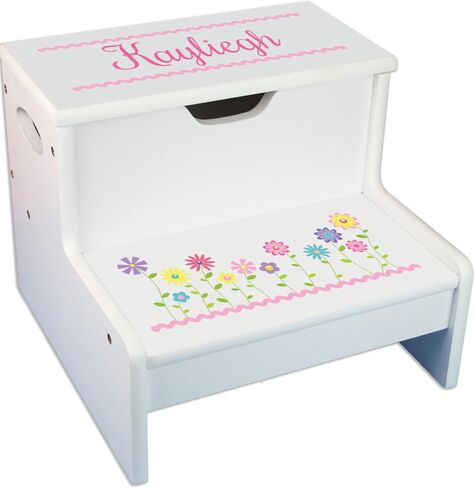 Personalized Kids Step Stool | Stemmed Flowers White Childrens Step Stool with Storage | Custom Name Toddler Bathroom & Kitchen Helper | Great Baby Gift in Kuwait