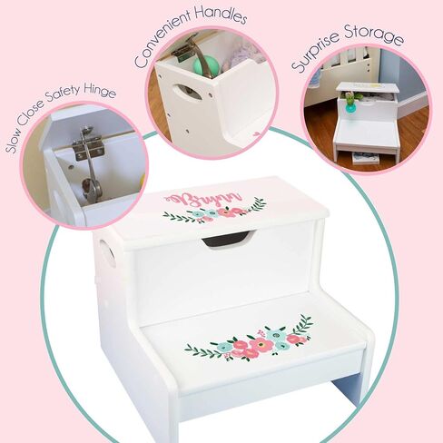 Personalized Kids Step Stool | Stemmed Flowers White Childrens Step Stool with Storage | Custom Name Toddler Bathroom & Kitchen Helper | Great Baby Gift in Kuwait