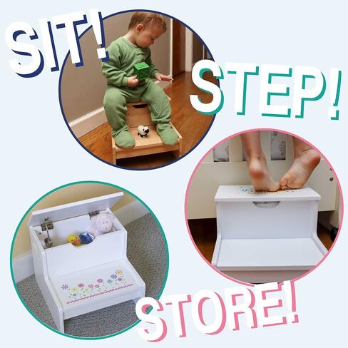 Personalized Kids Step Stool | Stemmed Flowers White Childrens Step Stool with Storage | Custom Name Toddler Bathroom & Kitchen Helper | Great Baby Gift in Kuwait