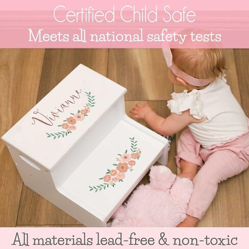 Personalized Kids Step Stool | Stemmed Flowers White Childrens Step Stool with Storage | Custom Name Toddler Bathroom & Kitchen Helper | Great Baby Gift in Kuwait