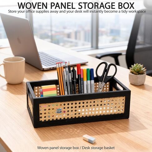 Wood Storage Basket, Small Rattan Storage Box with Handles for Bathroom Kithen Office Desk in Kuwait
