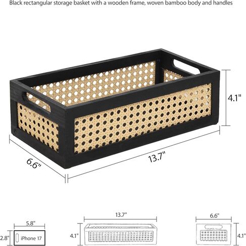 Wood Storage Basket, Small Rattan Storage Box with Handles for Bathroom Kithen Office Desk in Kuwait