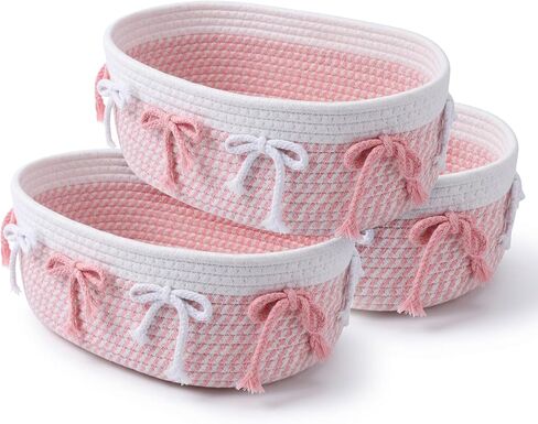 3-Piece Pink Bow Small Basket Set: Woven Cotton Rope Storage Bins, Cute Laundry Hamper & Organizer for Closet, Shelf, Nursery, Toys (11.8''x7.8''x4.7'') in Kuwait
